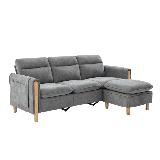 Sofá de canto nórdico de 3 lugares - em L, em chenille, com otomana com espaço de arrumação, bolsos laterais e pés de madeira - Cinza claro Sofá de canto nórdico de 3 lugares - em L, em chenille, com otomana com espaço de arrumação, bolsos laterais e pés de madeira - Cinza claro