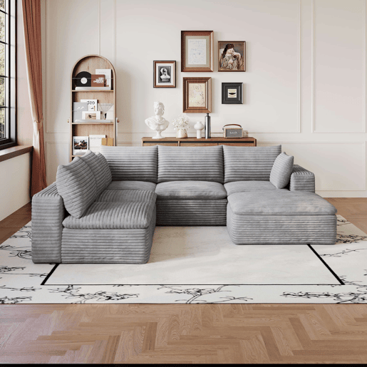 Sofá modular 260 x 250 cm - Cloud em veludo, design de dupla camada, almofadas removíveis - Cinzento Sofá modular 260 x 250 cm - Cloud em veludo, design de dupla camada, almofadas removíveis - Cinzento