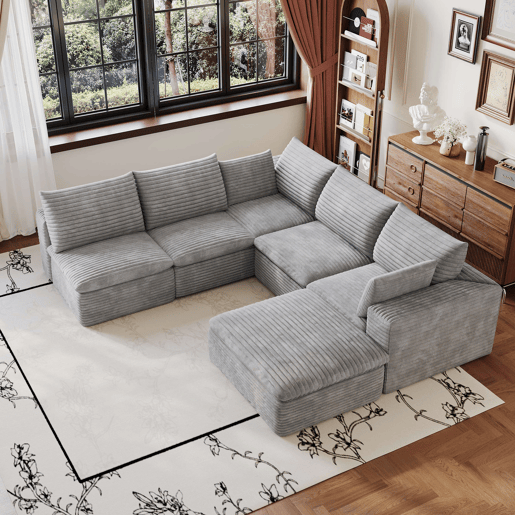 Sofá modular 260 x 250 cm - Cloud em veludo, design de dupla camada, almofadas removíveis - Cinzento Sofá modular 260 x 250 cm - Cloud em veludo, design de dupla camada, almofadas removíveis - Cinzento