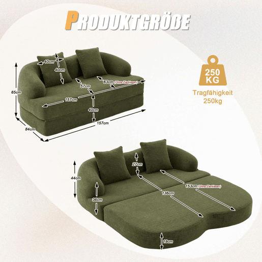 Sofá-cama 2 em 1 de 2 lugares - desdobrável, com duas almofadas, multifuncional para a sala de estar e o quarto de hóspedes - verde chenille Sofá-cama 2 em 1 de 2 lugares - desdobrável, com duas almofadas, multifuncional para a sala de estar e o quarto de hóspedes - verde chenille