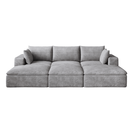Sofá modular de 260 cm com 3 lugares - design de dupla camada, estofo em veludo cotelê, almofadas com capas removíveis, sem montagem - cinzento Sofá modular de 260 cm com 3 lugares - design de dupla camada, estofo em veludo cotelê, almofadas com capas removíveis, sem montagem - cinzento