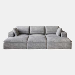 Sofá modular de 260 cm com 3 lugares - design de dupla camada, estofo em veludo cotelê, almofadas com capas removíveis, sem montagem - cinzento