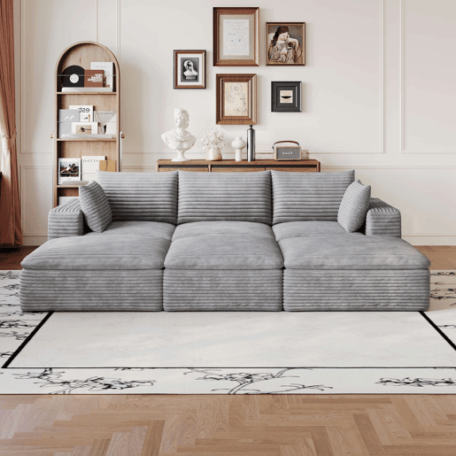 Sofá modular de 260 cm com 3 lugares - design de dupla camada, estofo em veludo cotelê, almofadas com capas removíveis, sem montagem - cinzento Sofá modular de 260 cm com 3 lugares - design de dupla camada, estofo em veludo cotelê, almofadas com capas removíveis, sem montagem - cinzento
