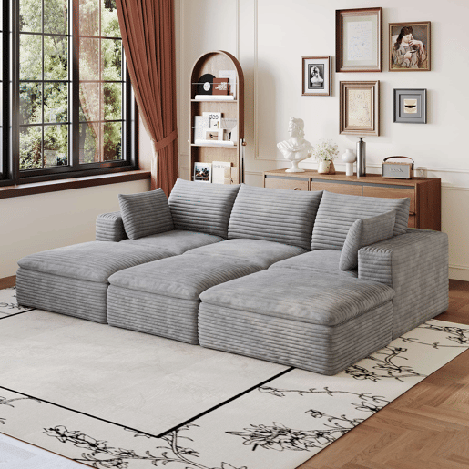 Sofá modular de 260 cm com 3 lugares - design de dupla camada, estofo em veludo cotelê, almofadas com capas removíveis, sem montagem - cinzento Sofá modular de 260 cm com 3 lugares - design de dupla camada, estofo em veludo cotelê, almofadas com capas removíveis, sem montagem - cinzento