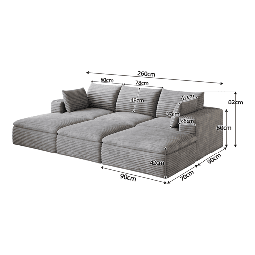 Sofá modular de 260 cm com 3 lugares - design de dupla camada, estofo em veludo cotelê, almofadas com capas removíveis, sem montagem - cinzento Sofá modular de 260 cm com 3 lugares - design de dupla camada, estofo em veludo cotelê, almofadas com capas removíveis, sem montagem - cinzento