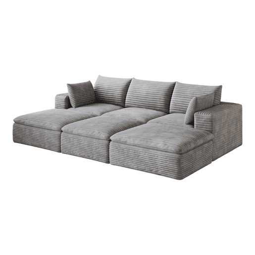 Sofá modular de 260 cm com 3 lugares - design de dupla camada, estofo em veludo cotelê, almofadas com capas removíveis, sem montagem - cinzento Sofá modular de 260 cm com 3 lugares - design de dupla camada, estofo em veludo cotelê, almofadas com capas removíveis, sem montagem - cinzento
