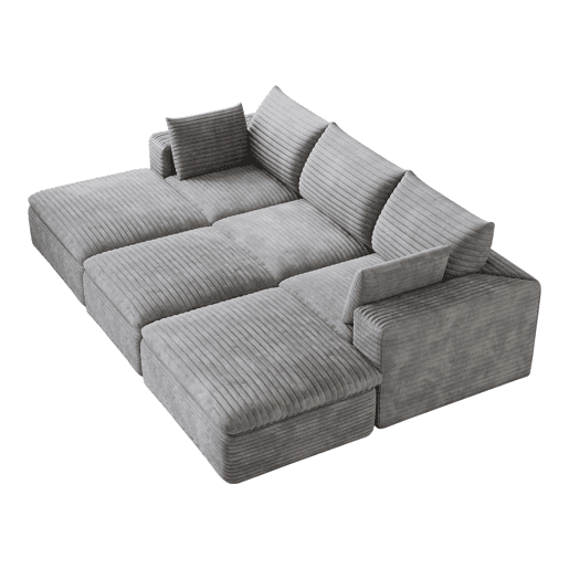 Sofá modular de 260 cm com 3 lugares - design de dupla camada, estofo em veludo cotelê, almofadas com capas removíveis, sem montagem - cinzento Sofá modular de 260 cm com 3 lugares - design de dupla camada, estofo em veludo cotelê, almofadas com capas removíveis, sem montagem - cinzento
