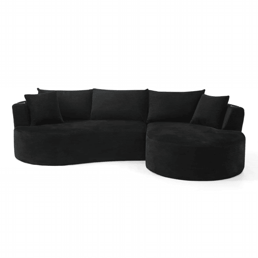 Sofá compactável de 3 lugares - chaise longue à direita + sofá de 2 lugares - design curvo, tecido de veludo cotelê macio, com porta-copos e almofadas, embalado a vácuo - preto Sofá compactável de 3 lugares - chaise longue à direita + sofá de 2 lugares - design curvo, tecido de veludo cotelê macio, com porta-copos e almofadas, embalado a vácuo - preto