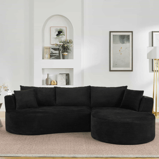 Sofá compactável de 3 lugares - chaise longue à direita + sofá de 2 lugares - design curvo, tecido de veludo cotelê macio, com porta-copos e almofadas, embalado a vácuo - preto Sofá compactável de 3 lugares - chaise longue à direita + sofá de 2 lugares - design curvo, tecido de veludo cotelê macio, com porta-copos e almofadas, embalado a vácuo - preto