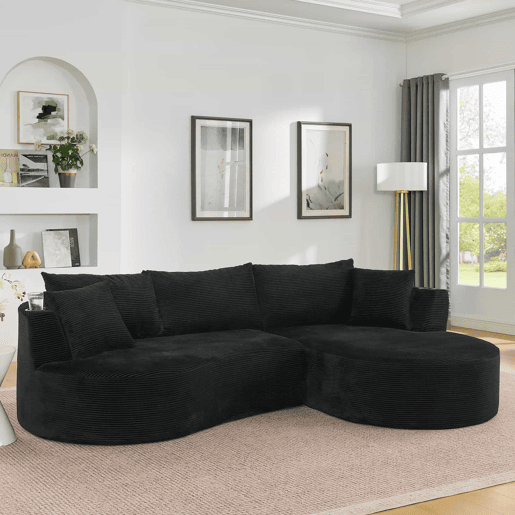 Sofá compactável de 3 lugares - chaise longue à direita + sofá de 2 lugares - design curvo, tecido de veludo cotelê macio, com porta-copos e almofadas, embalado a vácuo - preto Sofá compactável de 3 lugares - chaise longue à direita + sofá de 2 lugares - design curvo, tecido de veludo cotelê macio, com porta-copos e almofadas, embalado a vácuo - preto