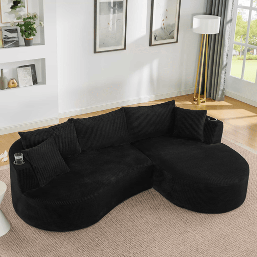 Sofá compactável de 3 lugares - chaise longue à direita + sofá de 2 lugares - design curvo, tecido de veludo cotelê macio, com porta-copos e almofadas, embalado a vácuo - preto Sofá compactável de 3 lugares - chaise longue à direita + sofá de 2 lugares - design curvo, tecido de veludo cotelê macio, com porta-copos e almofadas, embalado a vácuo - preto