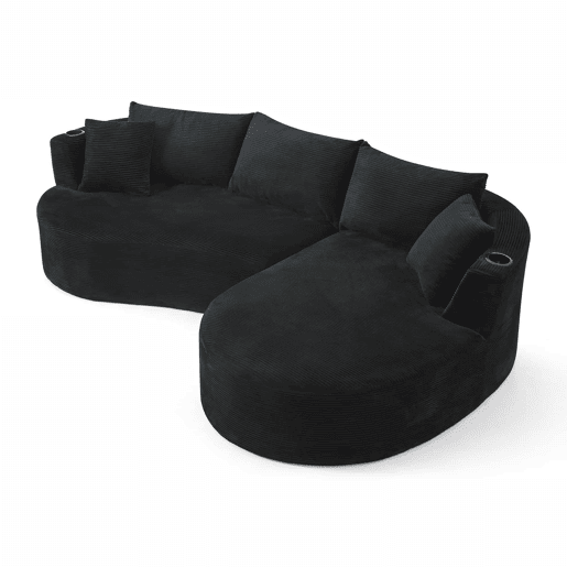 Sofá compactável de 3 lugares - chaise longue à direita + sofá de 2 lugares - design curvo, tecido de veludo cotelê macio, com porta-copos e almofadas, embalado a vácuo - preto Sofá compactável de 3 lugares - chaise longue à direita + sofá de 2 lugares - design curvo, tecido de veludo cotelê macio, com porta-copos e almofadas, embalado a vácuo - preto