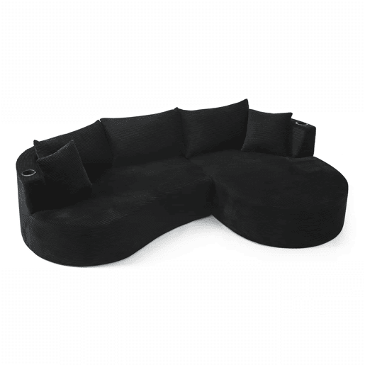 Sofá compactável de 3 lugares - chaise longue à direita + sofá de 2 lugares - design curvo, tecido de veludo cotelê macio, com porta-copos e almofadas, embalado a vácuo - preto Sofá compactável de 3 lugares - chaise longue à direita + sofá de 2 lugares - design curvo, tecido de veludo cotelê macio, com porta-copos e almofadas, embalado a vácuo - preto