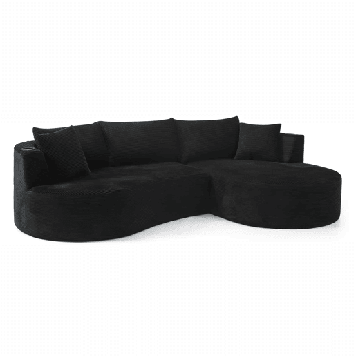Sofá compactável de 3 lugares - chaise longue à direita + sofá de 2 lugares - design curvo, tecido de veludo cotelê macio, com porta-copos e almofadas, embalado a vácuo - preto Sofá compactável de 3 lugares - chaise longue à direita + sofá de 2 lugares - design curvo, tecido de veludo cotelê macio, com porta-copos e almofadas, embalado a vácuo - preto
