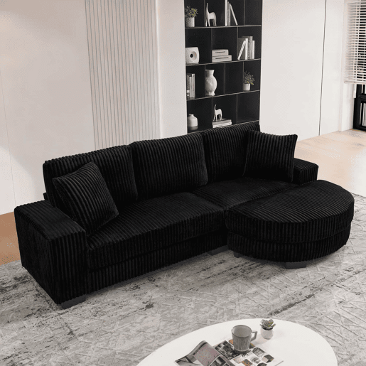 Sofá de canto em L 256,5 x 133,5 x 89 cm - Sofá modular de 4 lugares em veludo clássico com otomana oval e 2 almofadas, ideal para sala de estar, apartamento e escritório - Preto Sofá de canto em L 256,5 x 133,5 x 89 cm - Sofá modular de 4 lugares em veludo clássico com otomana oval e 2 almofadas, ideal para sala de estar, apartamento e escritório - Preto
