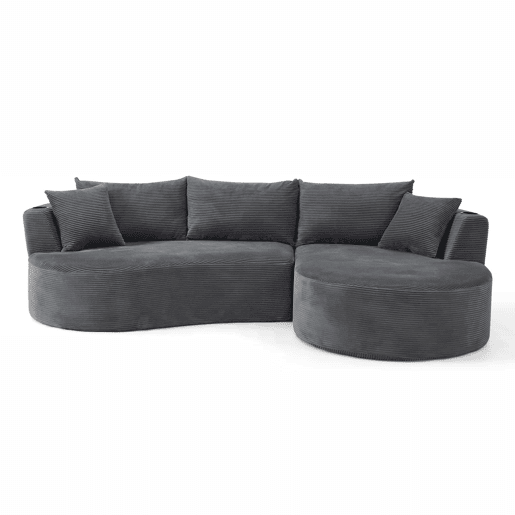 Sofá de 3 lugares com chaise longue à direita + sofá de 2 lugares - design em forma de arco, tecido de veludo cotelê macio, com porta-copos e almofadas, embalado a vácuo, para sala de estar, hotel, apartamento e escritório - cinzento Sofá de 3 lugares com chaise longue à direita + sofá de 2 lugares - design em forma de arco, tecido de veludo cotelê macio, com porta-copos e almofadas, embalado a vácuo, para sala de estar, hotel, apartamento e escritório - cinzento