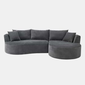 Sofá de 3 lugares com chaise longue à direita + sofá de 2 lugares - design em forma de arco, tecido de veludo cotelê macio, com porta-copos e almofadas, embalado a vácuo, para sala de estar, hotel, apartamento e escritório - cinzento