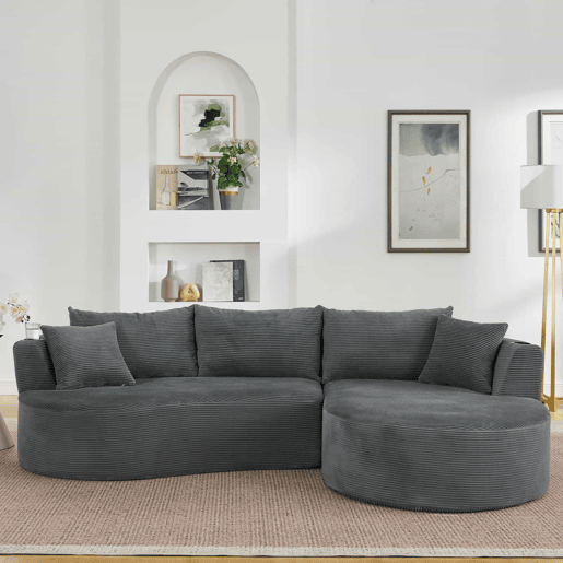 Sofá de 3 lugares com chaise longue à direita + sofá de 2 lugares - design em forma de arco, tecido de veludo cotelê macio, com porta-copos e almofadas, embalado a vácuo, para sala de estar, hotel, apartamento e escritório - cinzento Sofá de 3 lugares com chaise longue à direita + sofá de 2 lugares - design em forma de arco, tecido de veludo cotelê macio, com porta-copos e almofadas, embalado a vácuo, para sala de estar, hotel, apartamento e escritório - cinzento