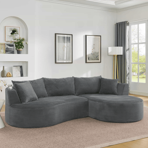 Sofá de 3 lugares com chaise longue à direita + sofá de 2 lugares - design em forma de arco, tecido de veludo cotelê macio, com porta-copos e almofadas, embalado a vácuo, para sala de estar, hotel, apartamento e escritório - cinzento Sofá de 3 lugares com chaise longue à direita + sofá de 2 lugares - design em forma de arco, tecido de veludo cotelê macio, com porta-copos e almofadas, embalado a vácuo, para sala de estar, hotel, apartamento e escritório - cinzento