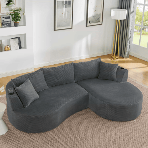 Sofá de 3 lugares com chaise longue à direita + sofá de 2 lugares - design em forma de arco, tecido de veludo cotelê macio, com porta-copos e almofadas, embalado a vácuo, para sala de estar, hotel, apartamento e escritório - cinzento Sofá de 3 lugares com chaise longue à direita + sofá de 2 lugares - design em forma de arco, tecido de veludo cotelê macio, com porta-copos e almofadas, embalado a vácuo, para sala de estar, hotel, apartamento e escritório - cinzento