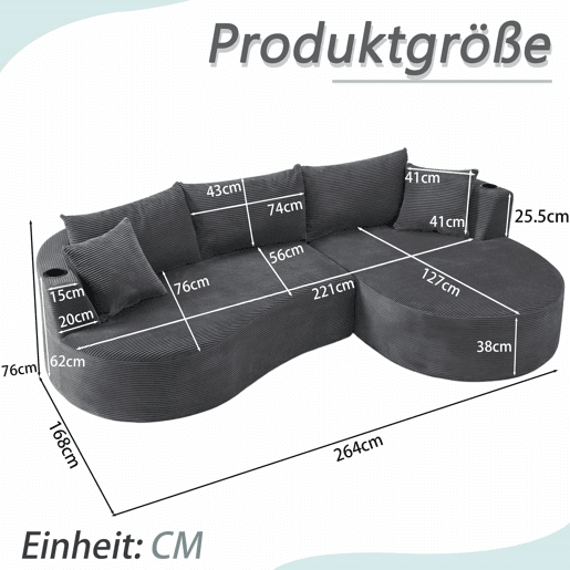 Sofá de 3 lugares com chaise longue à direita + sofá de 2 lugares - design em forma de arco, tecido de veludo cotelê macio, com porta-copos e almofadas, embalado a vácuo, para sala de estar, hotel, apartamento e escritório - cinzento Sofá de 3 lugares com chaise longue à direita + sofá de 2 lugares - design em forma de arco, tecido de veludo cotelê macio, com porta-copos e almofadas, embalado a vácuo, para sala de estar, hotel, apartamento e escritório - cinzento