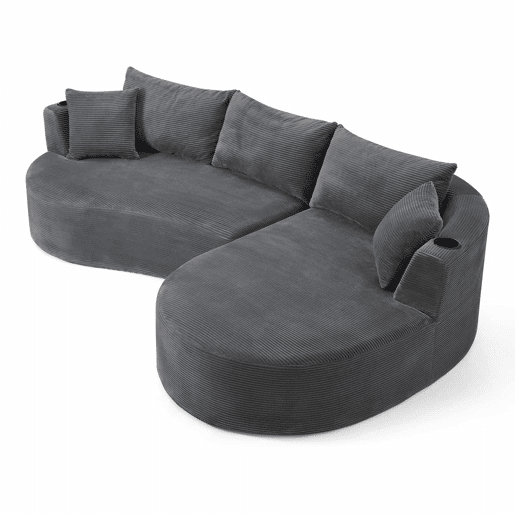 Sofá de 3 lugares com chaise longue à direita + sofá de 2 lugares - design em forma de arco, tecido de veludo cotelê macio, com porta-copos e almofadas, embalado a vácuo, para sala de estar, hotel, apartamento e escritório - cinzento Sofá de 3 lugares com chaise longue à direita + sofá de 2 lugares - design em forma de arco, tecido de veludo cotelê macio, com porta-copos e almofadas, embalado a vácuo, para sala de estar, hotel, apartamento e escritório - cinzento