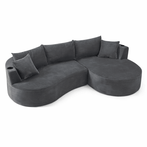 Sofá de 3 lugares com chaise longue à direita + sofá de 2 lugares - design em forma de arco, tecido de veludo cotelê macio, com porta-copos e almofadas, embalado a vácuo, para sala de estar, hotel, apartamento e escritório - cinzento Sofá de 3 lugares com chaise longue à direita + sofá de 2 lugares - design em forma de arco, tecido de veludo cotelê macio, com porta-copos e almofadas, embalado a vácuo, para sala de estar, hotel, apartamento e escritório - cinzento