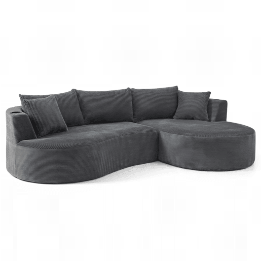 Sofá de 3 lugares com chaise longue à direita + sofá de 2 lugares - design em forma de arco, tecido de veludo cotelê macio, com porta-copos e almofadas, embalado a vácuo, para sala de estar, hotel, apartamento e escritório - cinzento Sofá de 3 lugares com chaise longue à direita + sofá de 2 lugares - design em forma de arco, tecido de veludo cotelê macio, com porta-copos e almofadas, embalado a vácuo, para sala de estar, hotel, apartamento e escritório - cinzento