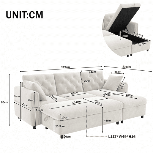 Sofá com chaise longue de 3 lugares, 219 x 131 x 86 cm u2014 veludo com espaço de arrumação, pufe incluído, chaise reversível, bolsos laterais e encosto capitoné u2014 Bege Sofá com chaise longue de 3 lugares, 219 x 131 x 86 cm u2014 veludo com espaço de arrumação, pufe incluído, chaise reversível, bolsos laterais e encosto capitoné u2014 Bege