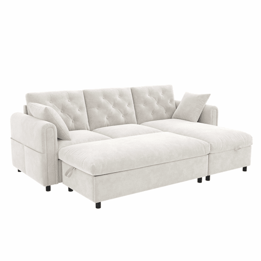 Sofá com chaise longue de 3 lugares, 219 x 131 x 86 cm u2014 veludo com espaço de arrumação, pufe incluído, chaise reversível, bolsos laterais e encosto capitoné u2014 Bege Sofá com chaise longue de 3 lugares, 219 x 131 x 86 cm u2014 veludo com espaço de arrumação, pufe incluído, chaise reversível, bolsos laterais e encosto capitoné u2014 Bege