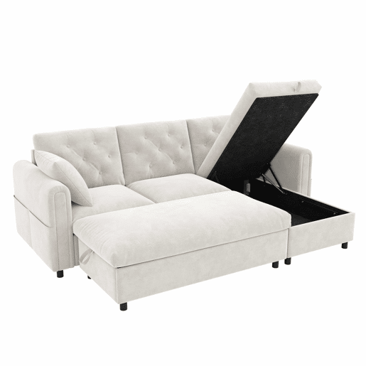 Sofá com chaise longue de 3 lugares, 219 x 131 x 86 cm u2014 veludo com espaço de arrumação, pufe incluído, chaise reversível, bolsos laterais e encosto capitoné u2014 Bege Sofá com chaise longue de 3 lugares, 219 x 131 x 86 cm u2014 veludo com espaço de arrumação, pufe incluído, chaise reversível, bolsos laterais e encosto capitoné u2014 Bege