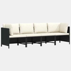 vidaXL Sofá de jardim 4 lugares com almofadões vime PE preto