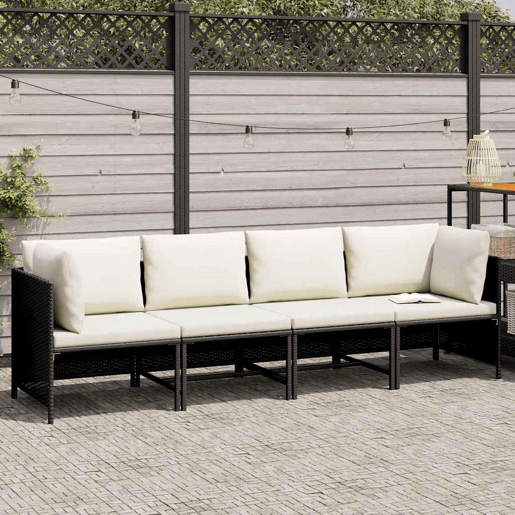 vidaXL Sofá de jardim 4 lugares com almofadões vime PE preto vidaXL Sofá de jardim 4 lugares com almofadões vime PE preto