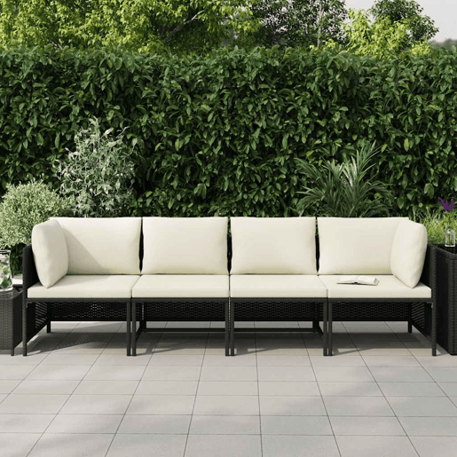 vidaXL Sofá de jardim 4 lugares com almofadões vime PE preto vidaXL Sofá de jardim 4 lugares com almofadões vime PE preto