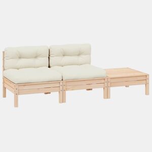 vidaXL 3 pcs conjunto lounge jardim c almofadões creme pinho maciço