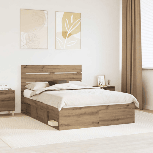 Estrutura de cama de casal moderno com cabeceira - Carvalho Artesanal 150 x 200 cm