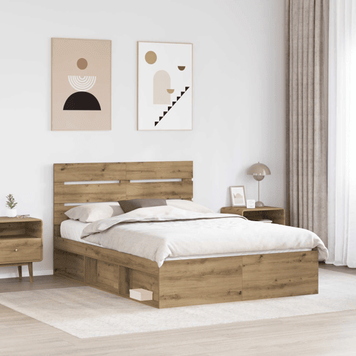 Estrutura de cama de casal moderno com cabeceira - Carvalho Artesanal 150 x 200 cm