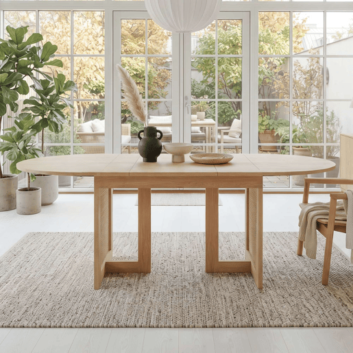 Mesa de jantar extensível 150200 x 90 cm u2014 cantos arredondados, tampo espesso, estilo simples, pernas de rattan u2014 cor de carvalho