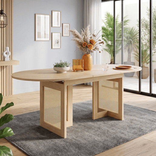 Mesa de jantar extensível 150200 x 90 cm u2014 cantos arredondados, tampo espesso, estilo simples, pernas de rattan u2014 cor de carvalho