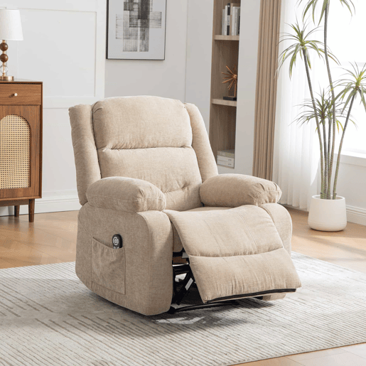 Poltrona relax elétrica multifunções - massagem elétrica e função de aquecimento, encosto reclinável manualmente, apoio para os pés ajustável e bolsos laterais - Light Khaki