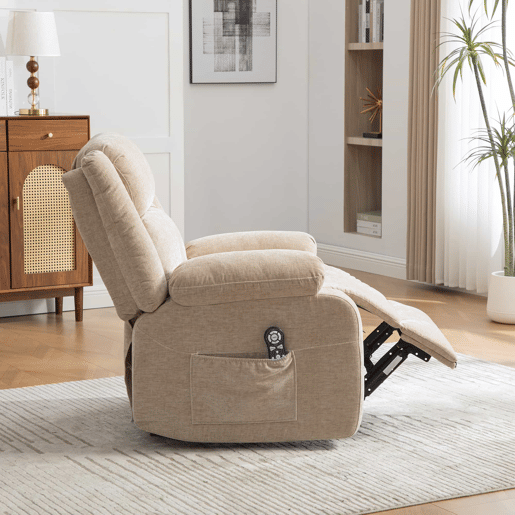 Poltrona relax elétrica multifunções - massagem elétrica e função de aquecimento, encosto reclinável manualmente, apoio para os pés ajustável e bolsos laterais - Light Khaki