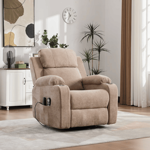 Poltrona relax elétrica giratória a 360° - função de massagem e aquecimento, encosto e apoio para os pés ajustáveis, bolsos laterais e porta-copos - Taupe Poltrona relax elétrica giratória a 360° - função de massagem e aquecimento, encosto e apoio para os pés ajustáveis, bolsos laterais e porta-copos - Taupe