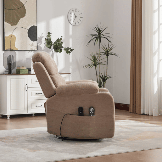 Poltrona relax elétrica giratória a 360° - função de massagem e aquecimento, encosto e apoio para os pés ajustáveis, bolsos laterais e porta-copos - Taupe Poltrona relax elétrica giratória a 360° - função de massagem e aquecimento, encosto e apoio para os pés ajustáveis, bolsos laterais e porta-copos - Taupe