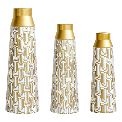 Vasos de chão metálicos 425160,5 cm u2013 conjunto de 3 peças com design geométrico moderno para flores secas e ervas da pampa u2013 dourado Vasos de chão metálicos 425160,5 cm u2013 conjunto de 3 peças com design geométrico moderno para flores secas e ervas da pampa u2013 dourado