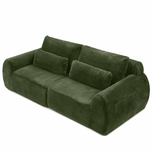 Sofá de dois lugares - pele sintética estilo coelho, alta resiliência, porta de carregamento USB, bolso lateral para revistas - Verde