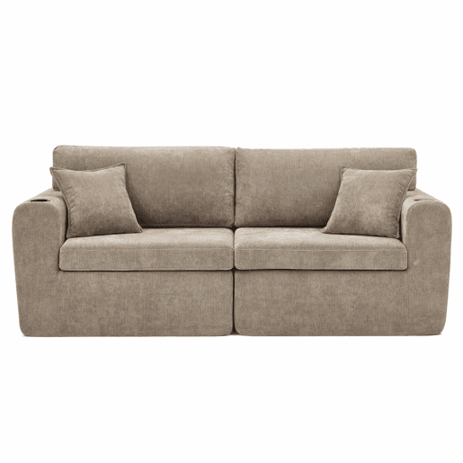 Sofá relax de 2 lugares - compacto para espaços pequenos, tecido de chenille macio, bolso lateral para revistas, porta-copos integrado, inclui almofadas, ideal para a sala de estar, escritório, quarto de hóspedes e apartamentos - Castanho