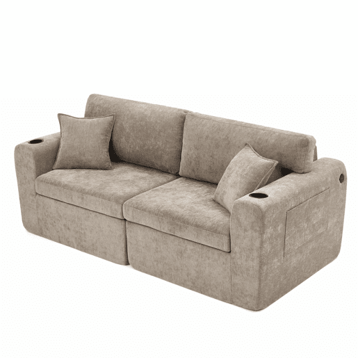 Sofá relax de 2 lugares - compacto para espaços pequenos, tecido de chenille macio, bolso lateral para revistas, porta-copos integrado, inclui almofadas, ideal para a sala de estar, escritório, quarto de hóspedes e apartamentos - Castanho
