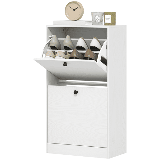 Sapateira com 2 gavetas dobráveis e prateleiras ajustáveis pararedores e espaços pequenos, 47x26x85 cm, branca com efeito madeira Sapateira com 2 gavetas dobráveis e prateleiras ajustáveis pararedores e espaços pequenos, 47x26x85 cm, branca com efeito madeira