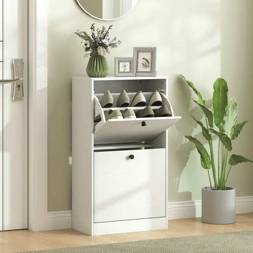 Sapateira com 2 gavetas dobráveis e prateleiras ajustáveis pararedores e espaços pequenos, 47x26x85 cm, branca com efeito madeira Sapateira com 2 gavetas dobráveis e prateleiras ajustáveis pararedores e espaços pequenos, 47x26x85 cm, branca com efeito madeira