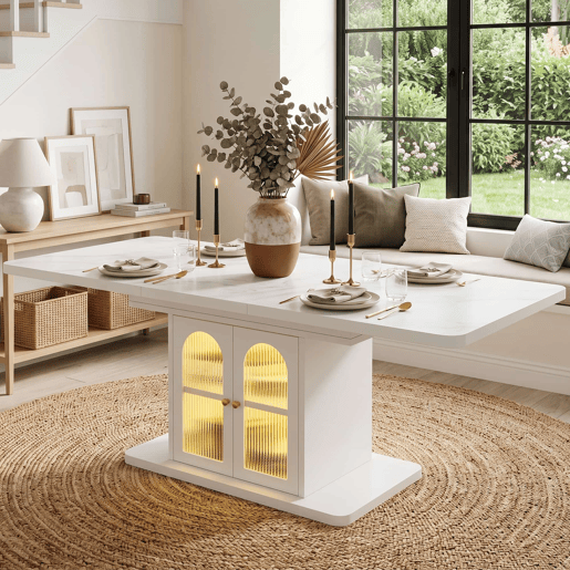 Mesa de jantar extensível 150200 x 80 cm u2014 com espaço de arrumação, tampo espesso, iluminação LED, estilo escandinavo u2014 Branco + Mármore Mesa de jantar extensível 150200 x 80 cm u2014 com espaço de arrumação, tampo espesso, iluminação LED, estilo escandinavo u2014 Branco + Mármore